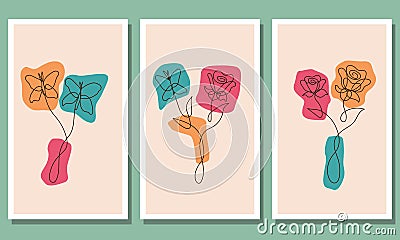 Vector set of flower and butterfly wall art. one-line art illustration. Vector Illustration
