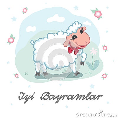 Kurban Bayram Eid Al-Adha card design with cute little woolly white sacrificial lamb wearing a red ribbon Vector Illustration