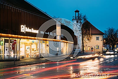 Kuressaare, Saaremaa, Estonia. Night View Of shopping centre in night Illuminations Editorial Stock Photo