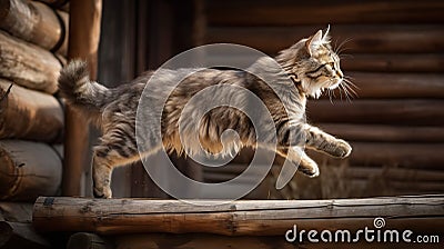 Kurilian Bobtail's Graceful Leap on a Russian Dacha Stock Photo