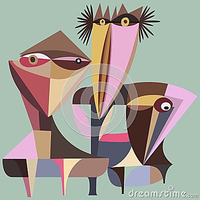 Vector hand drawn illustration cubist imaginative decorative abstract bird-like creatures Cartoon Illustration