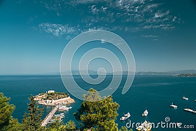 Kusadasi, Aydin Province, Turkey. Top View Of The Pigeon Island. Old 14th-15th Century Fortress On Guvercin Adasi In The Stock Photo