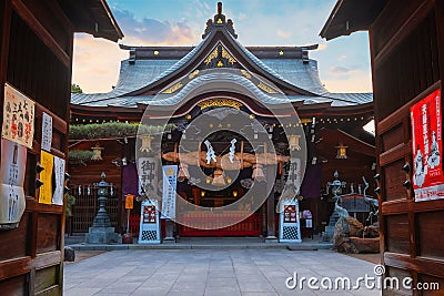 Kushida shrine in Hakata ward, founded in 757, the shrine dedicated to Amaterasu the goddess of the Editorial Stock Photo