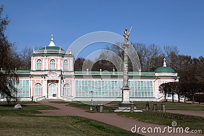 The Large Stone Orangery with an obelisk in Kuskovo manor Editorial Stock Photo