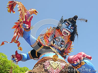 KUTA, INDONESIA - MARCH, 18, 2018: low angle shot of an ogoh-ogoh statue with a garuda at kuta beach in bali Editorial Stock Photo