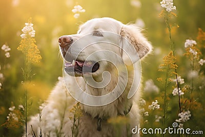 Kuvasz dog sitting in meadow field surrounded by vibrant wildflowers and grass on sunny day ai generated Stock Photo