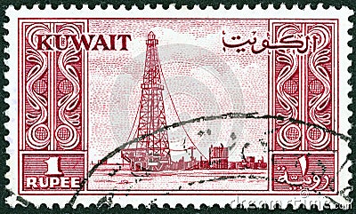 KUWAIT - CIRCA 1959: A stamp printed in Kuwait shows Oil derrick, circa 1959. Editorial Stock Photo