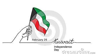 Kuwait Independence Day vector background with hand, flag and lettering. One continuous line drawing background of Vector Illustration