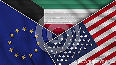 Kuwait United States of America European Union Flags Together Fabric Texture Illustration Stock Photo