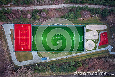 Kuznica, Poland - March 2, 2024: View from above of the all-season football pitch in Kuznica, Hel peninsila. Poland Editorial Stock Photo