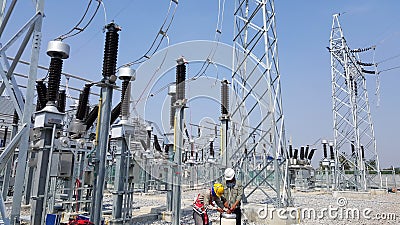 115kV Lightning Arrester testing at High voltage take-off tower Stock Photo