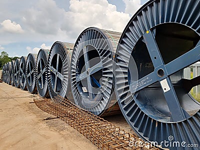 115kV XLPE 1X800 SQ.MM. cable drums in the substation Stock Photo