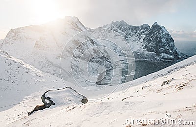 Kvalvika beach in winter. the most beautiful destination in the world. must see. Tourist attraction Stock Photo