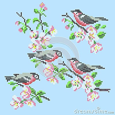 Vector illustration cross stitch spring birds Vector Illustration
