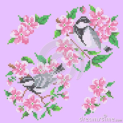 Vector illustration cross stitch birds and flowers Vector Illustration