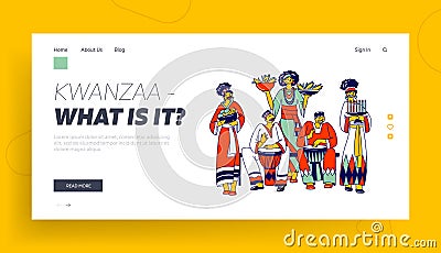 Kwanzaa Celebration Landing Page Template. African Characters in National Costumes Playing Drums Vector Illustration