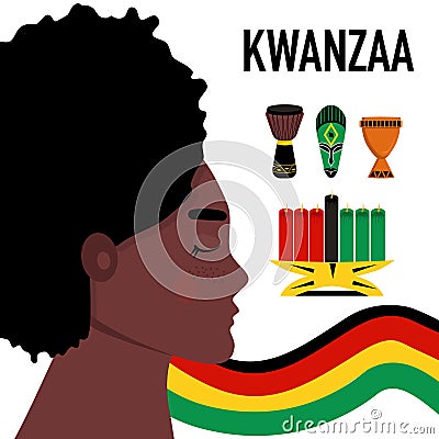 Kwanzaa celebration poster with symbols.Woman profil portrait.Seven candles kinara for lighting ceremony Mishuma Saba.Unity cup Vector Illustration