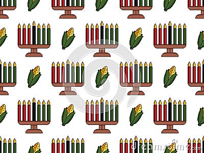 Kwanzaa seamless pattern background in Modern flat style with Kinara candle holder, corn icon. Vector wallpaper design Vector Illustration