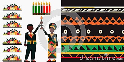 Kwanzaa seven candles fruit platter couple hold candle Africana theme Cartoon Illustration