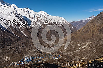 Kyanjin gompa village surrounded by Lantang mountain range, Himalayas mountain range in Nepal Stock Photo