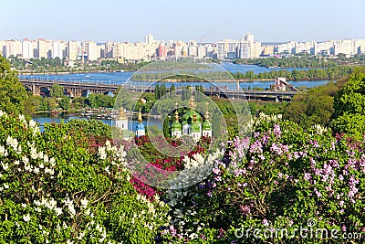 Kyiv cityscape with lilac blossom Stock Photo