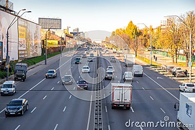 KYIV, KIEV, UKRAINE - November 10, 2020: car traffic on Victory Avenue. It is located in Shevchenko, Solomensky and Svyatoshinsky. Editorial Stock Photo