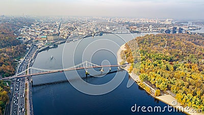 Kyiv skyline aerial drone view, historical Podil district, Dnipro river and bridge cityscape from above, city of Kiev, Ukraine Stock Photo