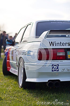 KYIV, UKRAINE - April 22, 2016: Car BMW e30 M3 at festival of vintage cars OldCarLand-2016 in Kiev. Side view, rear Editorial Stock Photo