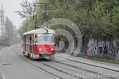 Old red soviet Tatra tram Editorial Stock Photo