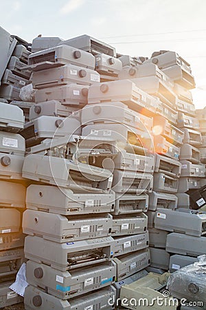 Pile of dot matrix printers on the landfill Editorial Stock Photo