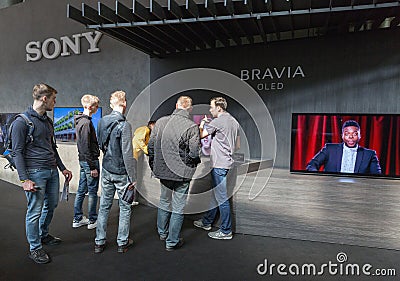 People visit Sony Bravia booth during CEE 2019 in Kyiv Ukraine Editorial Stock Photo