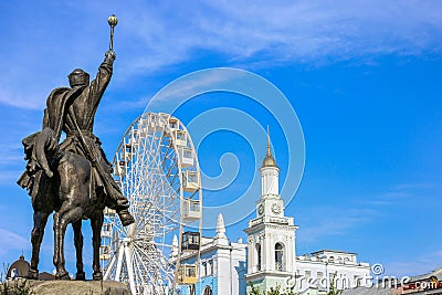 Kyiv, Ukraine - August, 2019: Monument to Peter Sagaidachny in Kiev. Contract area. Beautiful patriotic photo in Ukraine Editorial Stock Photo