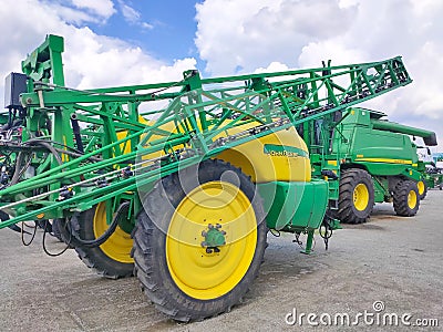 Kyiv, Ukraine - August 24, 2020: Pneumatic trailer Pneumatic seed loader John Deere 1910 Editorial Stock Photo