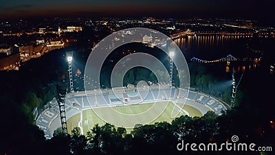 KYIV, UKRAINE - 25 AUGUST 2019 : Switching on the light tower of a football stadium Editorial Stock Photo