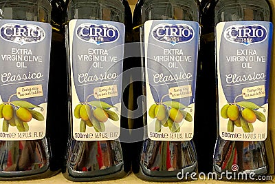 Kyiv, Ukraine 28.07.2023: - Cirio Cucina classico olive oil in glass bottles in shelf in supermarket for sale Editorial Stock Photo