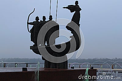 Close-up view the Monument of the founders of Kyiv after reconstruction. Kyi, Shchek, Horyv and Lybid in the boat Editorial Stock Photo