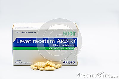 Package of Levetiracetam Aristo tablets closeup against white Editorial Stock Photo