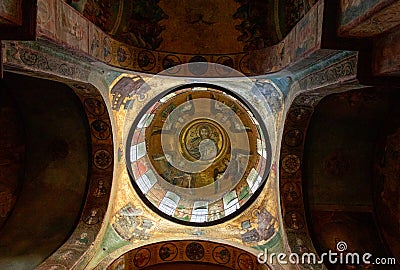 Kyiv, Ukraine. December 26th, 2020: The interior of the St. Sophia Cathedral-frescos of the dome, ceiling and walls. Editorial Stock Photo