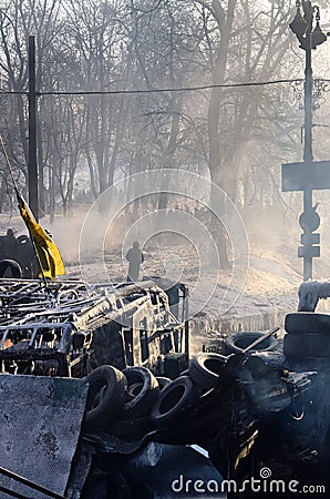 KYIV, UKRAINE â€“ JANUARY 26, 2014. Barricades in Editorial Stock Photo