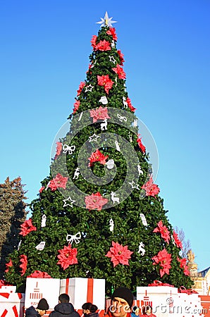 Kyiv Ukraine - January 2 2021: Big festive decorated Christmas tree in Expocenter of Ukraine. New Year celebration Editorial Stock Photo