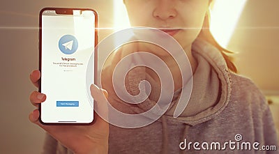 KYIV, UKRAINE-JANUARY, 2020: Telegram on Mobile Phone Screen. Social Media Concept Editorial Stock Photo