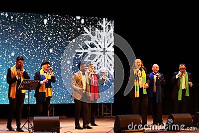 Kyiv, Ukraine - January 16, 2019. Ukrainian jazz and folk acapella singers band Mansound. Sextet. Christmas concert in the hall of Editorial Stock Photo