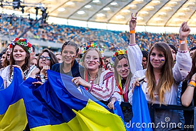 KYIV, UKRAINE - JUNE 21: Cool fans on concert of Okean Elzy on J Editorial Stock Photo