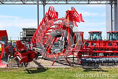 Kyiv, Ukraine - June 16, 2020: Large disc plough UNLU, towing for tractors to plow fields, against the sky at Kyiv, Ukraine Editorial Stock Photo