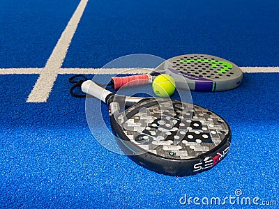 Kyiv, Ukraine, June 5, 2024 paddle tennis rackets head and adidas and ball Editorial Stock Photo