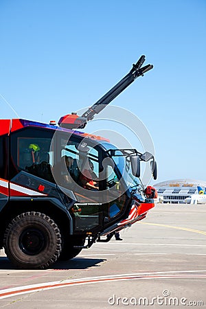 Kyiv, Ukraine - June 27, 2020: Red fire truck Rosenbauer Panther 5 in the international airport Boryspil. New car Editorial Stock Photo