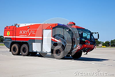 Kyiv, Ukraine - June 27, 2020: Red fire truck Rosenbauer Panther 5 in the international airport Boryspil. New car Editorial Stock Photo