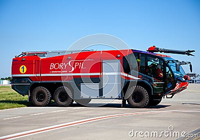 Kyiv, Ukraine - June 27, 2020: Red fire truck Rosenbauer Panther 5 in the international airport Boryspil. New car Editorial Stock Photo
