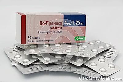 Perindopril and indapamide box by KRKA closeup against white Editorial Stock Photo