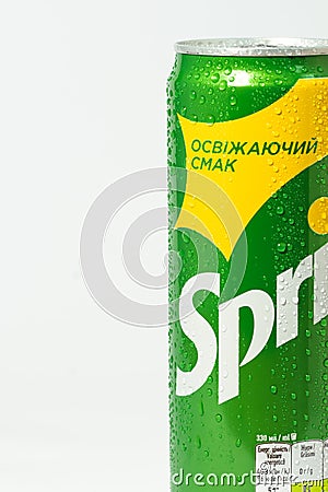 KYIV, UKRAINE - May 12: Close up shot of classic Sprite green can on the white background. Popular product of The Coca-Cola Editorial Stock Photo